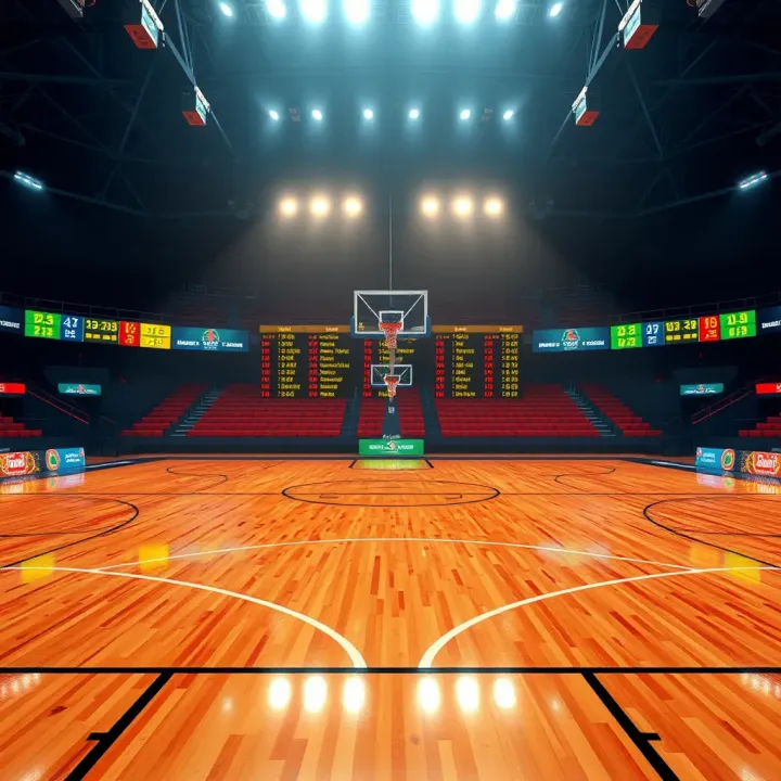 Basketball Court Displaying Live Betting Odds Basketball court with digital betting odds overlay