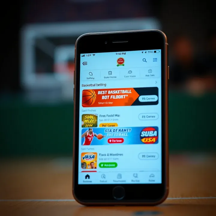 Mobile phone showing basketball betting options and bonuses