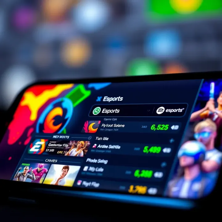 Digital Interface Displaying Esports Games and Betting Odds A vibrant digital interface showcasing popular esports games and betting odds on a smartphone screen