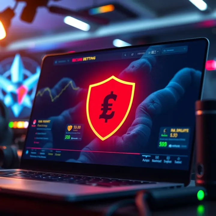 A dynamic graphic illustrating secure online betting with currency symbols and safety icons
