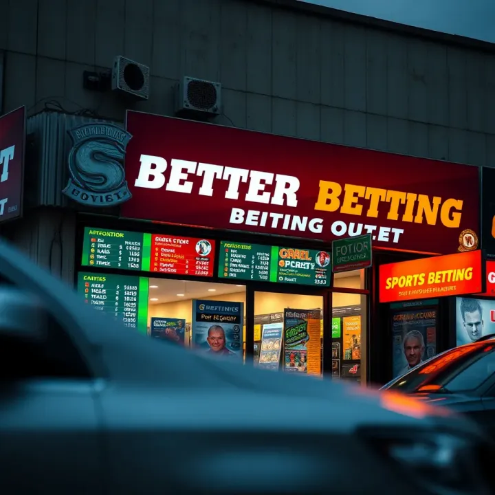 Exterior view of a busy sports betting shop in Port Harcourt with digital screens displaying odds