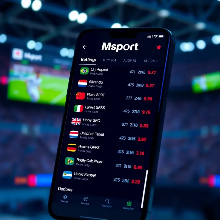 User interface displaying sports betting options and live scores on Msport app