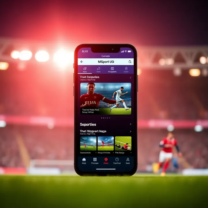 Mobile phone screen displaying the MSport UG app interface showcasing live sports events and updates