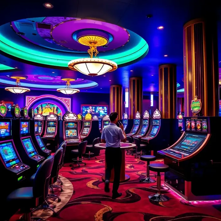 Luxurious casino interior with vibrant slot machines and gaming tables illuminated by colorful lighting