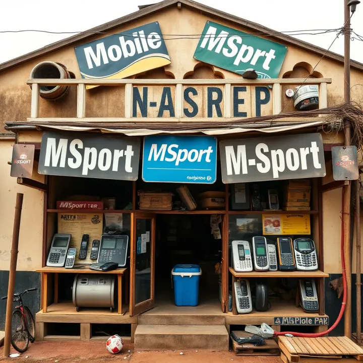 Exterior view of an old mobile MSport shop in Nigeria showcasing traditional signage and mobile communication devices