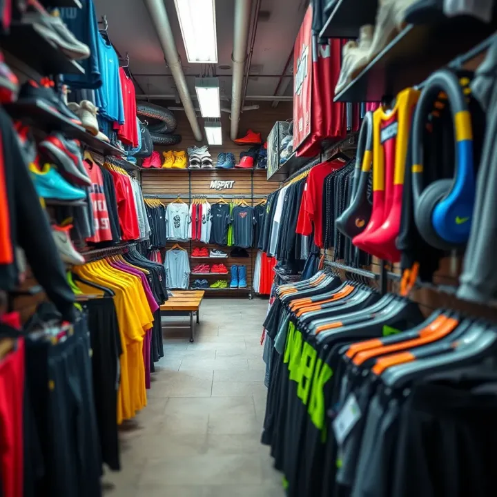 Vibrant Range of Sportswear and Equipment at Msport Shop Lagos Display of diverse sportswear and athletic equipment inside a bustling Lagos sports shop