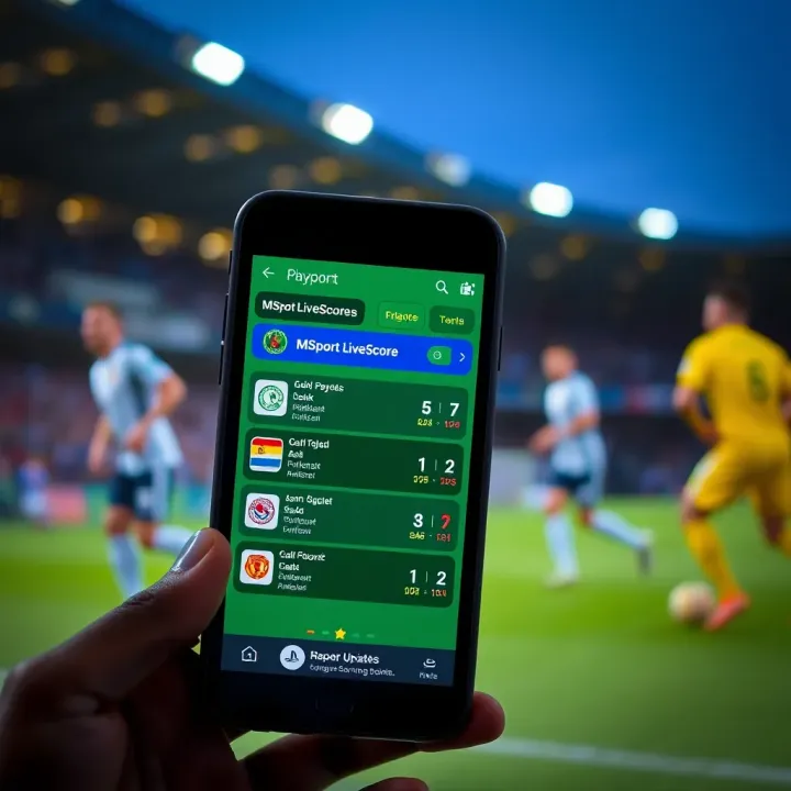 Real-Time Football Scores on MSport LiveScore App Mobile phone displaying live football scores on MSport LiveScore app interface