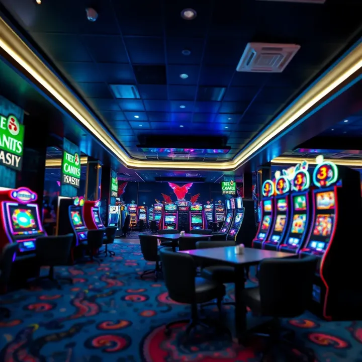 Luxurious casino interior with vibrant slot machines and elegant seating areas