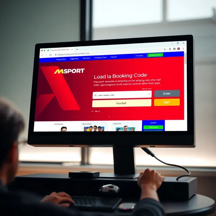 Computer screen showing MSport website for entering booking code and placing bets