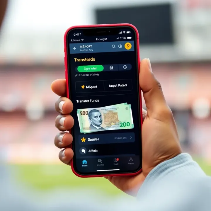 Mobile phone showing MSport app transfer screen with Nigerian currency
