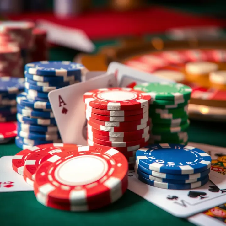 Close-up of casino chips and playing cards representing popular games in Lagos casinos