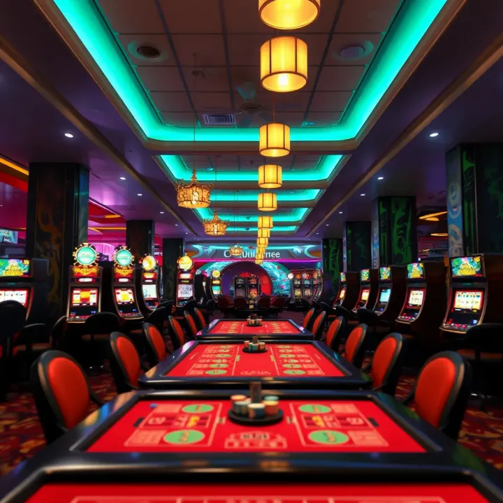 Interior view of a vibrant casino floor in Lagos with gaming tables and slot machines