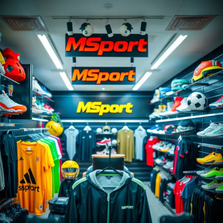 Inside MSport Shop Featuring Sports Equipment and Apparel Interior of an MSport store showing a wide selection of sports equipment and apparel