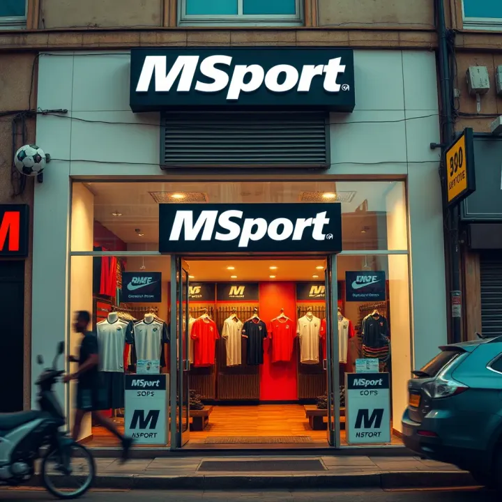 Exterior view of an MSport shop in a bustling Nigerian city with sports gear displayed in the window