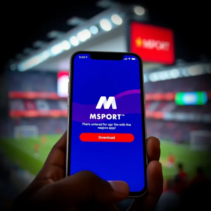 Mobile phone displaying the MSport app download interface on a digital screen