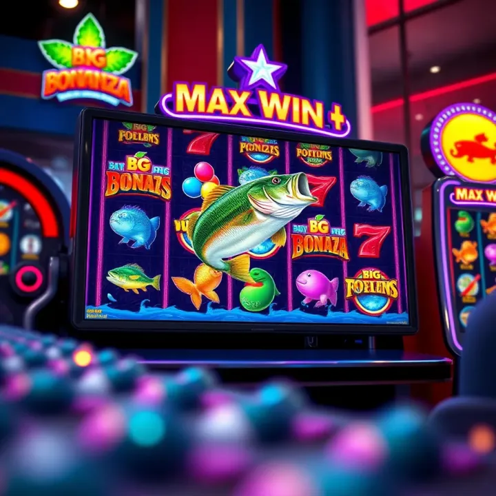 Slot game screen showcasing Big Bass Bonanza with vibrant fishing-themed symbols and bonus features