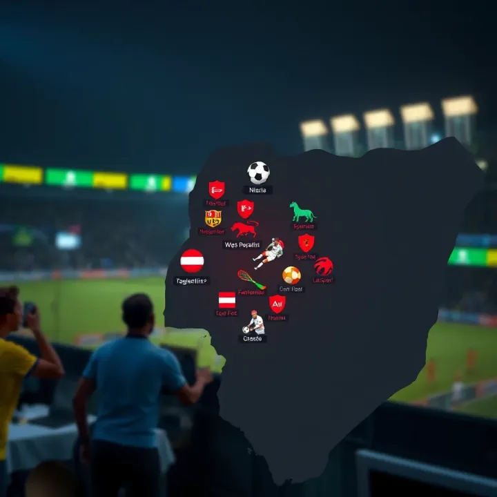 Map highlighting Nigeria with icons representing sports and online betting activities