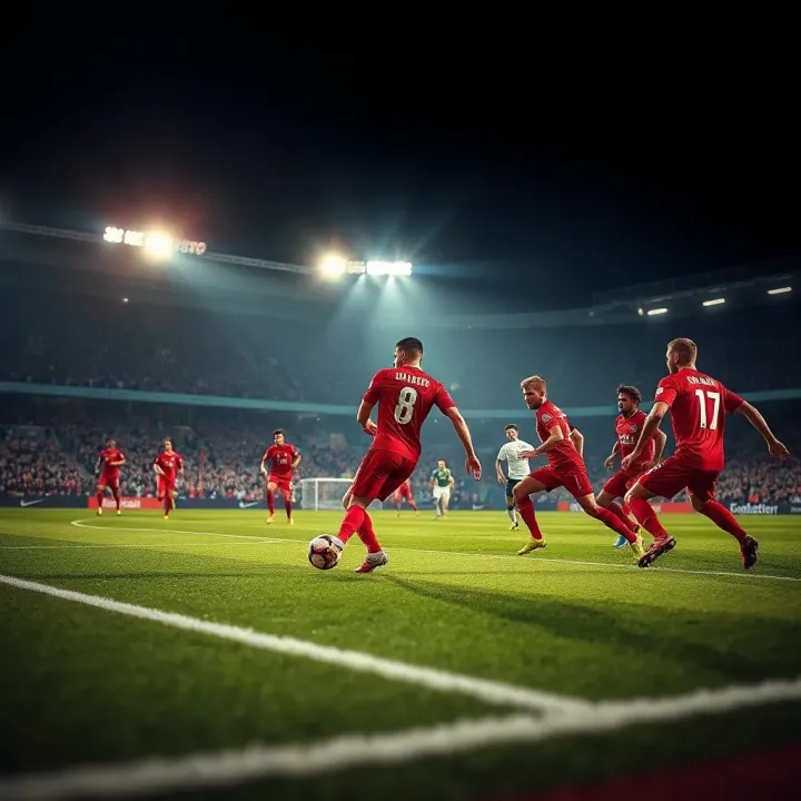 Football players competing intensely during a Bundesliga match on a vibrant stadium pitch