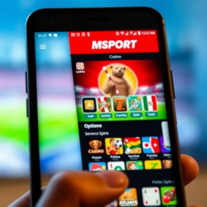 Msport Casino App Interface for Nigerian Users Mobile phone displaying Msport Casino app interface with game options and navigation menu