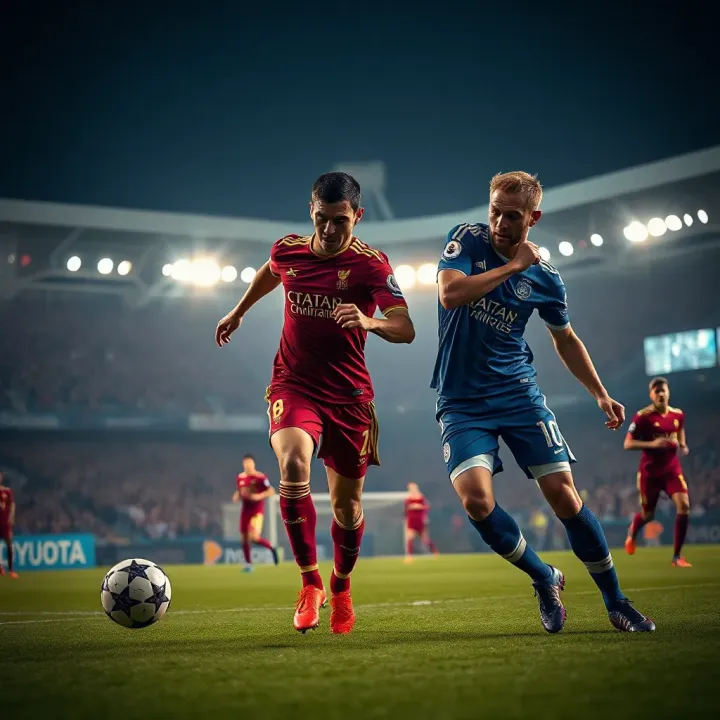 Football players competing intensely during a Champions League match under stadium lights