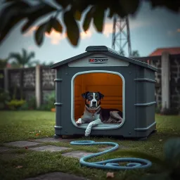 Sturdy MSport dog house placed in a Nigerian backyard with a medium-sized dog resting inside