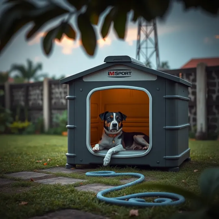 MSport Dog House in a Nigerian Backyard with Resting Dog Sturdy MSport dog house placed in a Nigerian backyard with a medium-sized dog resting inside