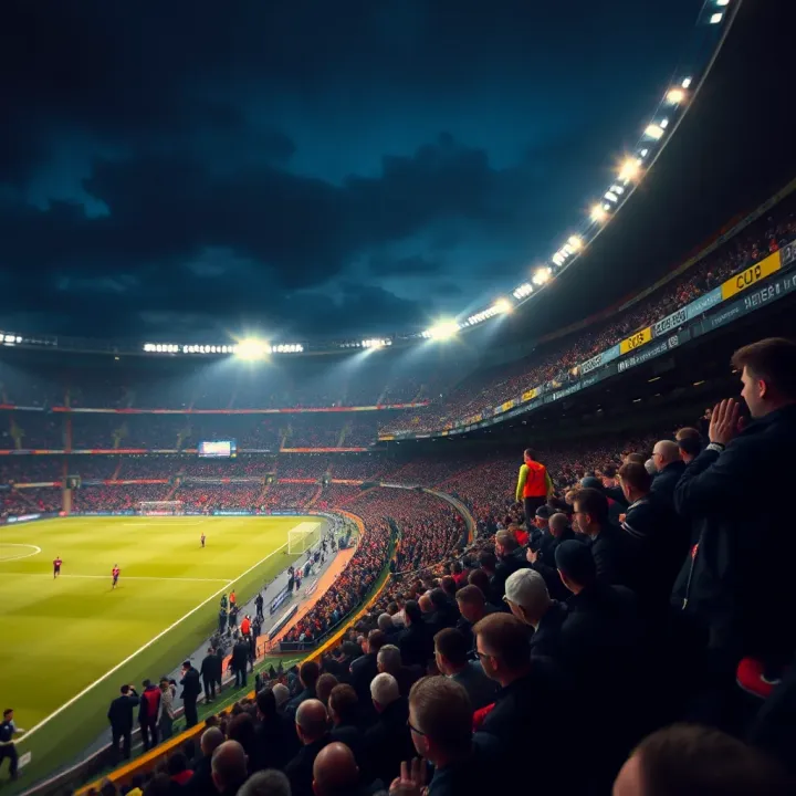 A dynamic football stadium filled with fans during an evening Europa League match