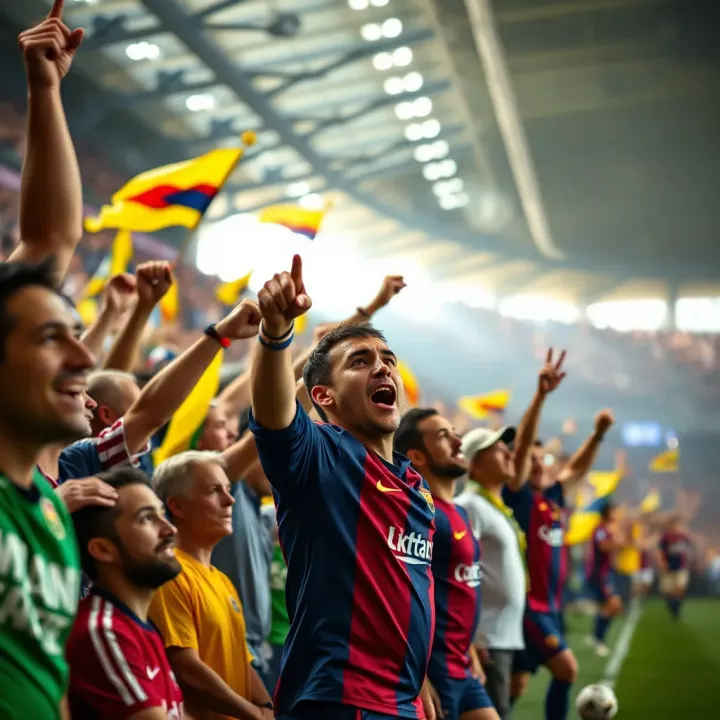 Fans in vibrant attire cheering passionately in a stadium filled with colorful banners and flags