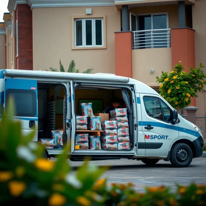 MSport Home Shop Efficient Delivery Service Delivery van parked outside a residential building with packaged goods ready for distribution