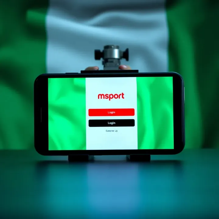 Msport Login Interface on Android with Nigerian Theme Android smartphone displaying Msport login screen with Nigerian flag background