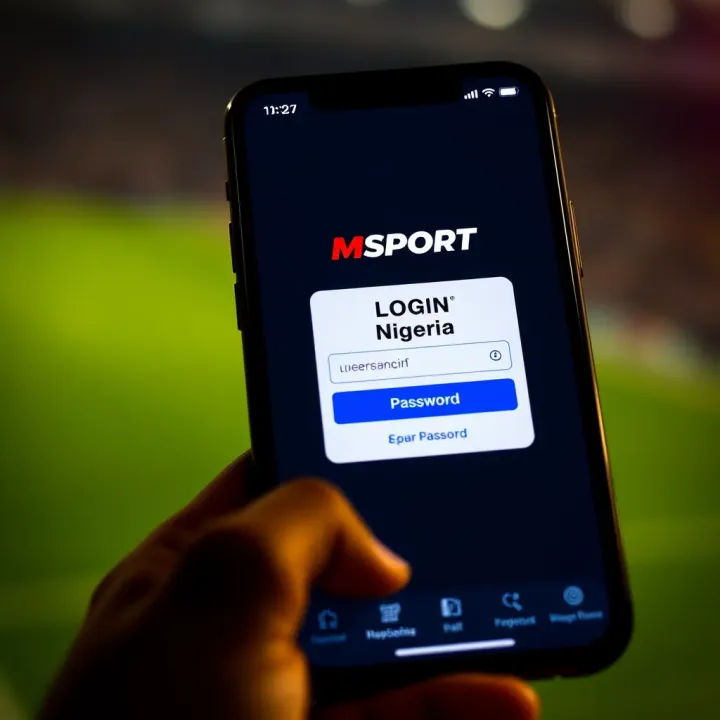 Mobile phone screen displaying Msport Nigeria login interface with username and password fields