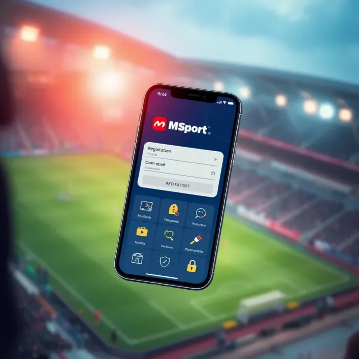 Overview of MSport Mobile Application Features in Nigeria Illustration of a smartphone showcasing MSport app features including registration form and security icons
