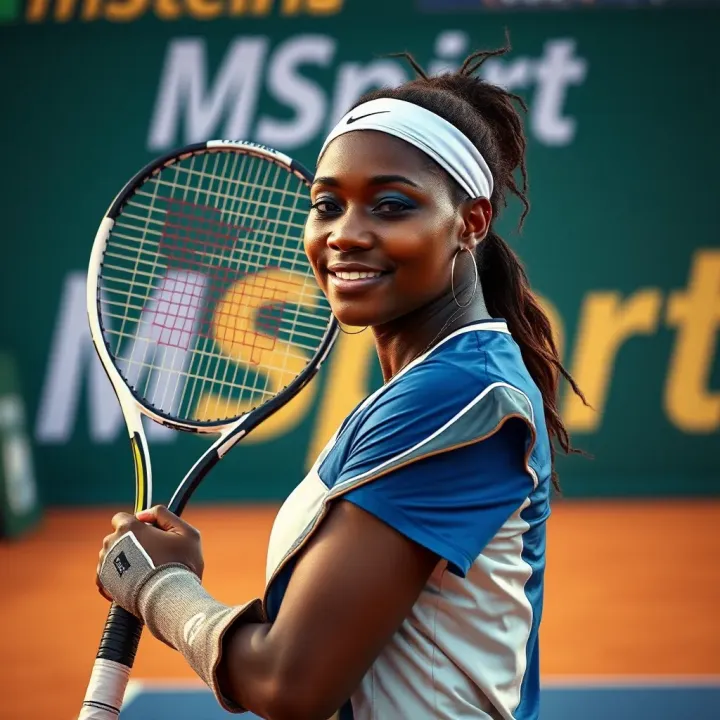 Nigerian tennis player holding a racket with an MSport banner in the background