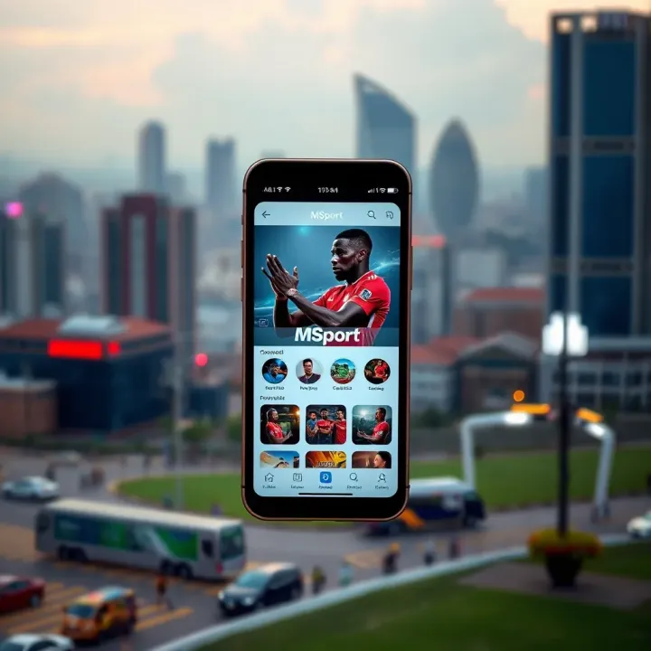 Mobile device displaying the MSport app interface with Lagos cityscape background
