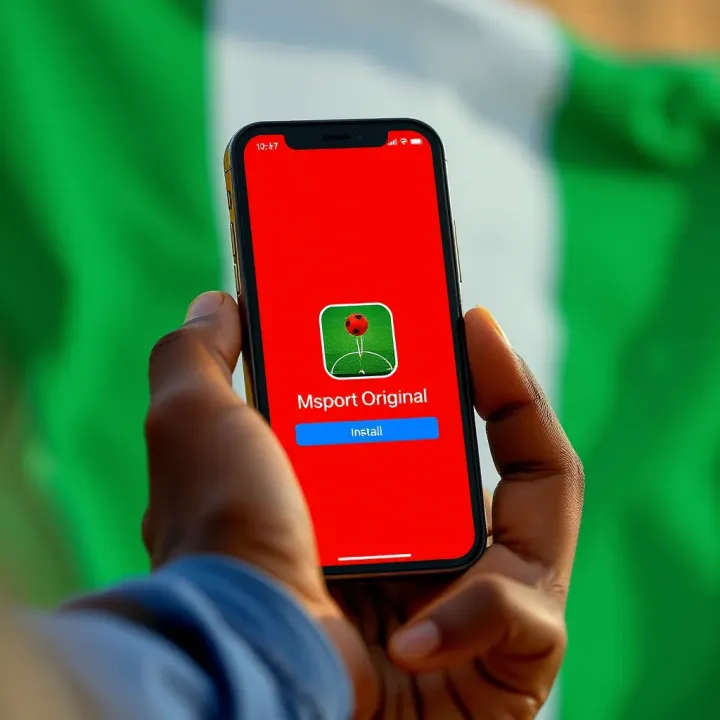 Smartphone showing Msport Original app installation progress with Nigerian flag background