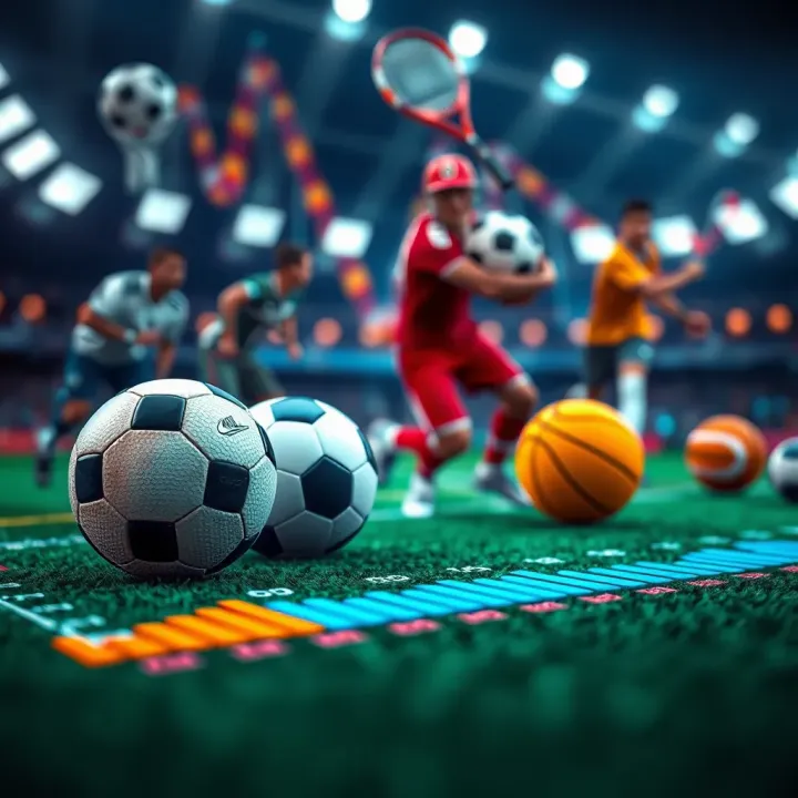 Illustration of various popular sports icons including football, basketball, and tennis with data graphs