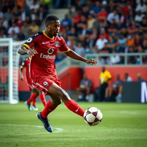 Action shot of a football player skillfully controlling the ball in a competitive MSport Premiership game