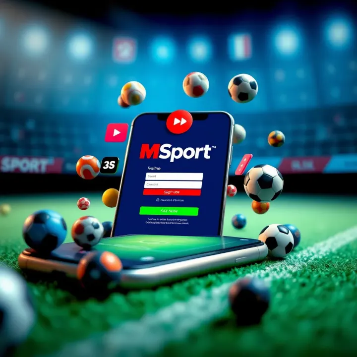 A Guide to Registering for MSport Sports Betting in Nigeria A vibrant graphic illustrating online registration on a smartphone with sports icons surrounding the device