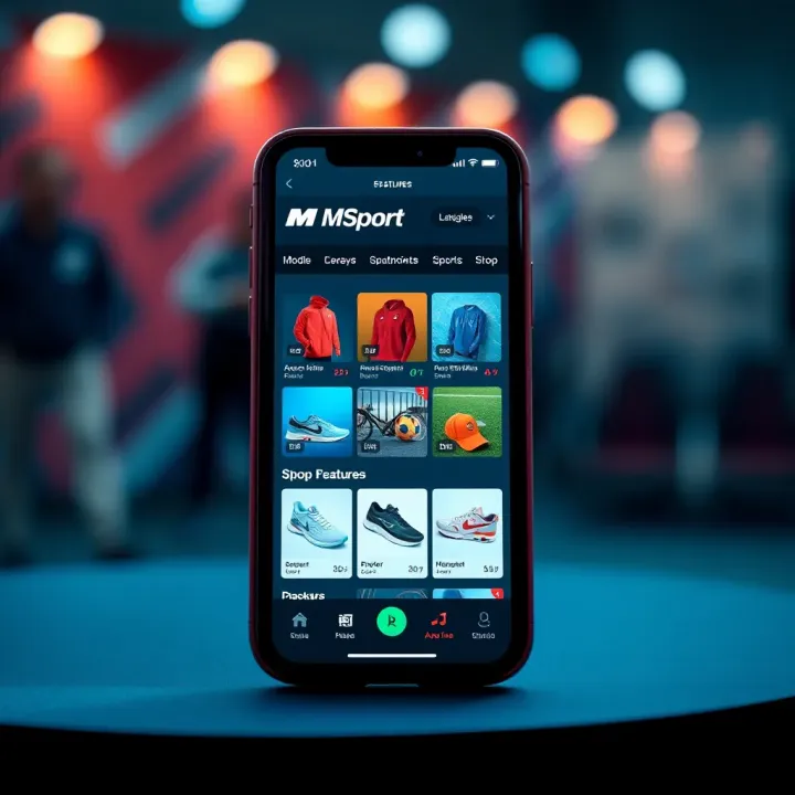 MSport Shop App Interface Highlighting Key Features Mobile phone displaying MSport Shop app interface showcasing sportswear and equipment