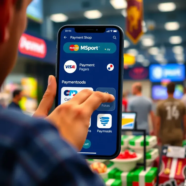 User navigating payment options on the MSport Shop app with icons representing various payment methods