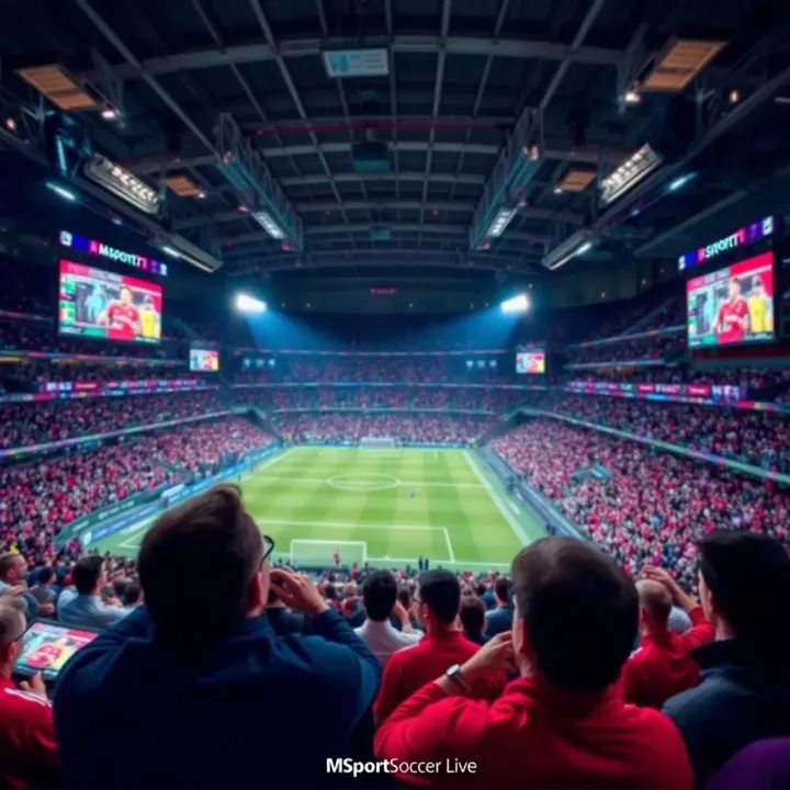 Dynamic Soccer Stadium Atmosphere During Live Match A vibrant soccer stadium filled with enthusiastic fans watching a live match on large screens