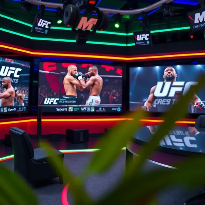 A vibrant broadcast studio with MSport logo displaying UFC fight highlights on screen