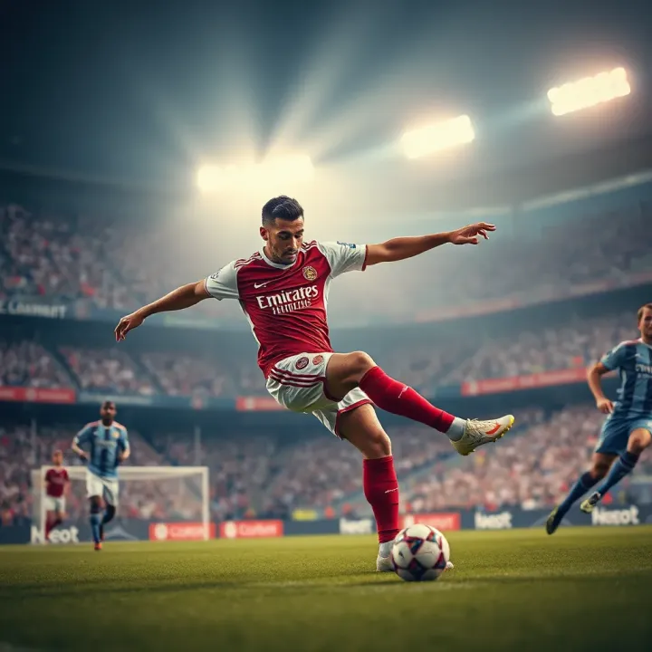 Soccer player striking the ball during a competitive match with a crowded stadium background