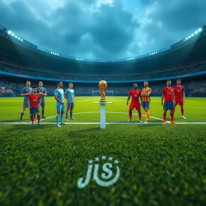 Illustration of two football teams lined up on a pitch with key players highlighted
