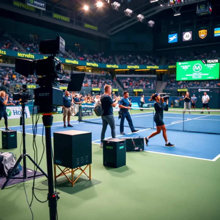 Tennis court setup during a WTA event with broadcasting equipment visible
