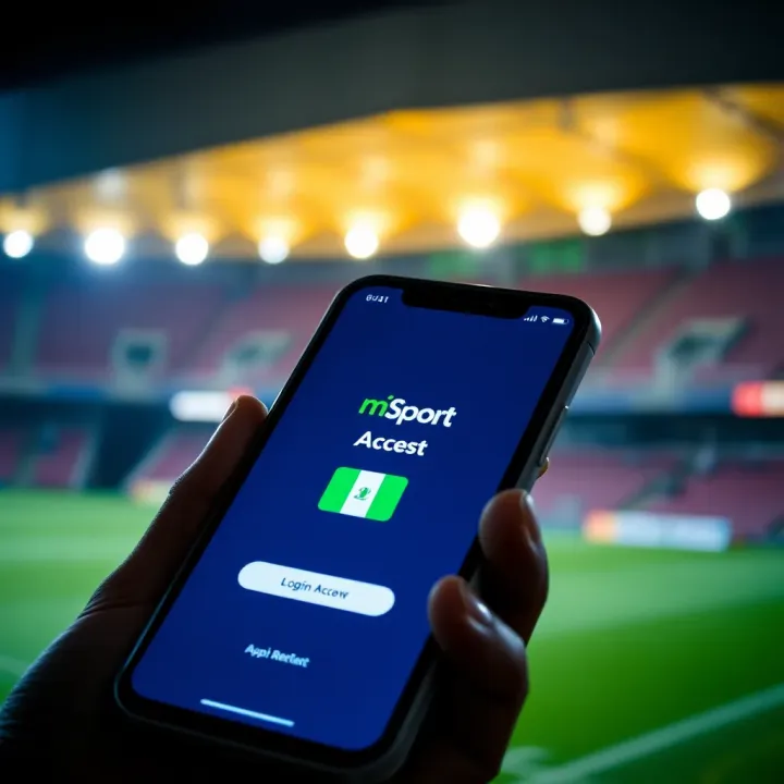 Mobile phone displaying the mSport app login screen with Nigerian flag icon