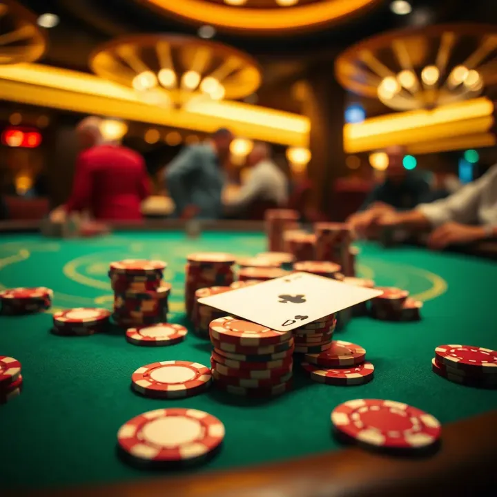 Close-up of poker chips and playing cards on a green casino table highlighting high-stakes gameplay