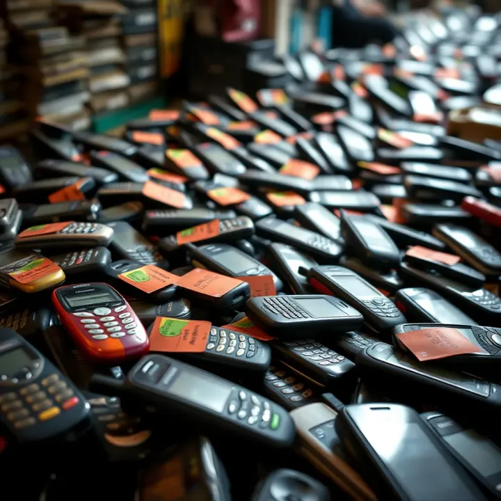 Collection of old mobile phones with price tags representing the Nigerian second-hand phone market
