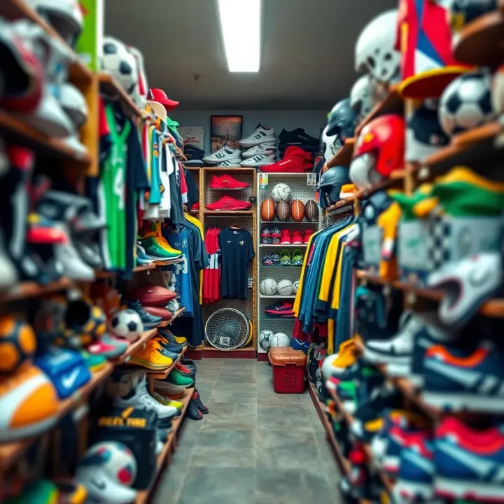 Inside Old Msport Shop: Diverse Sports Merchandise Selection Shelves filled with a variety of sports equipment and apparel inside Old Msport Shop