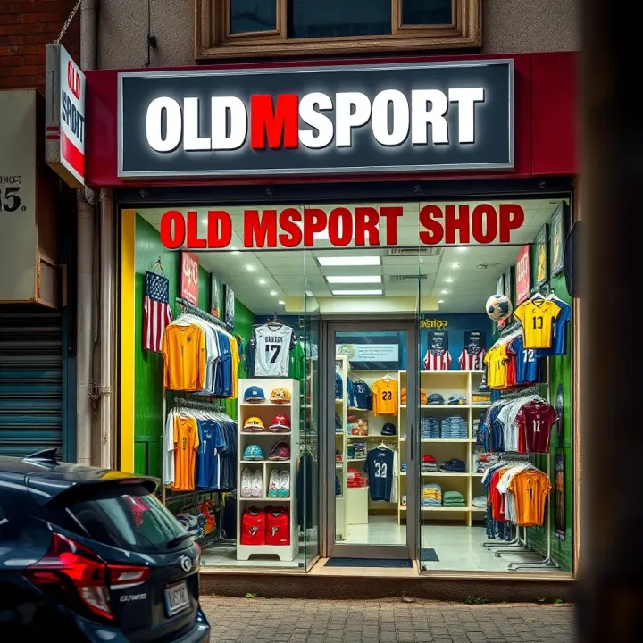Exterior view of Old Msport Shop showcasing its vibrant storefront and sports merchandise display